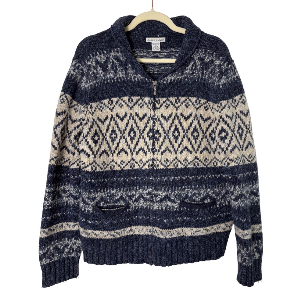Eagle's Eye Lambwool Cardigan Sweater Women XL Navy Blue Nordic Fair Isle Zip